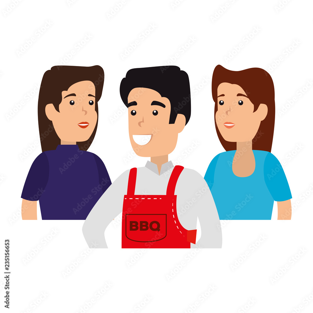 man with bbq apron and friends man with bbq apron and friends