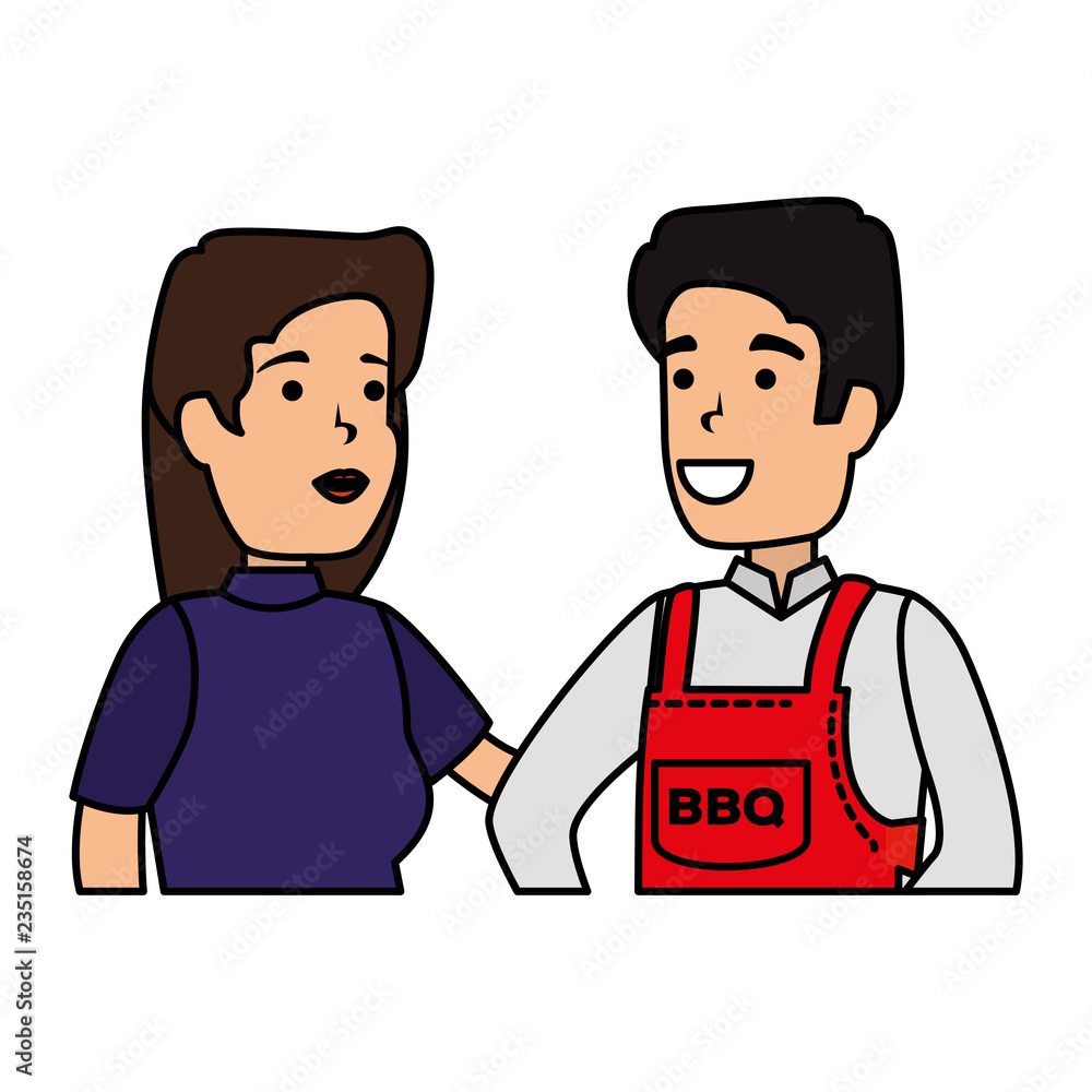 man with bbq apron and woman man with bbq apron and woman