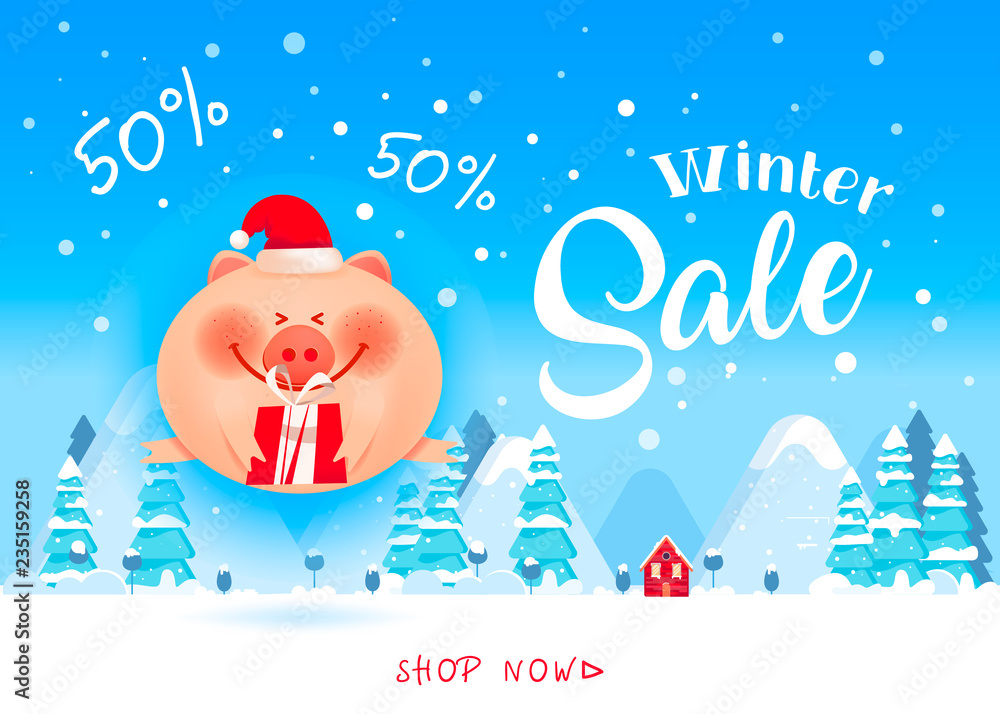 Winter Sale banner. Fat cute piggy jumps up with festive boxes of Christmas present on Christmas background