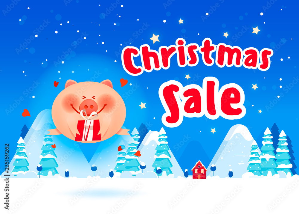 Fototapeta premium Merry fat pig with a gift boxes