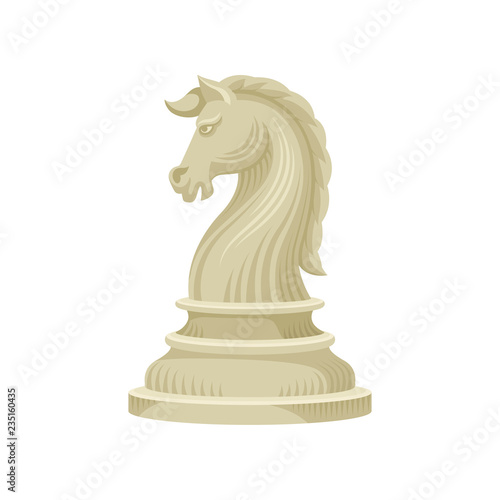 Flat vector icon of chess piece - knight horse in beige color. Wooden figurine of board game
