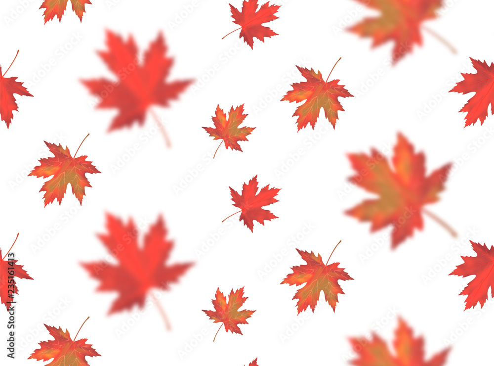 Seamless pattern with bright orange red blurred falling maple leaves isolated on white background. Seasonal banner, cover, wallpaper or autumn holiday vintage decor for. Realistic Vector illustration Seamless pattern with bright orange red blurred falling maple leaves isolated on white background. Seasonal banner, cover, wallpaper or autumn holiday vintage decor for. Realistic Vector illustration