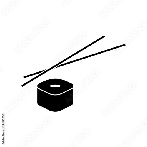 Sushi and roll with chopsticks on white background, black logo template. Monochrome Japanese cuisine.