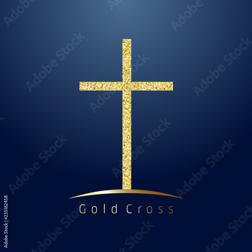Gold cross on hill logotype. Emblem of christian event & education. Greeting card with glitter and sparkles on dark blue background. Isolated tradition symbol, graphic design template.