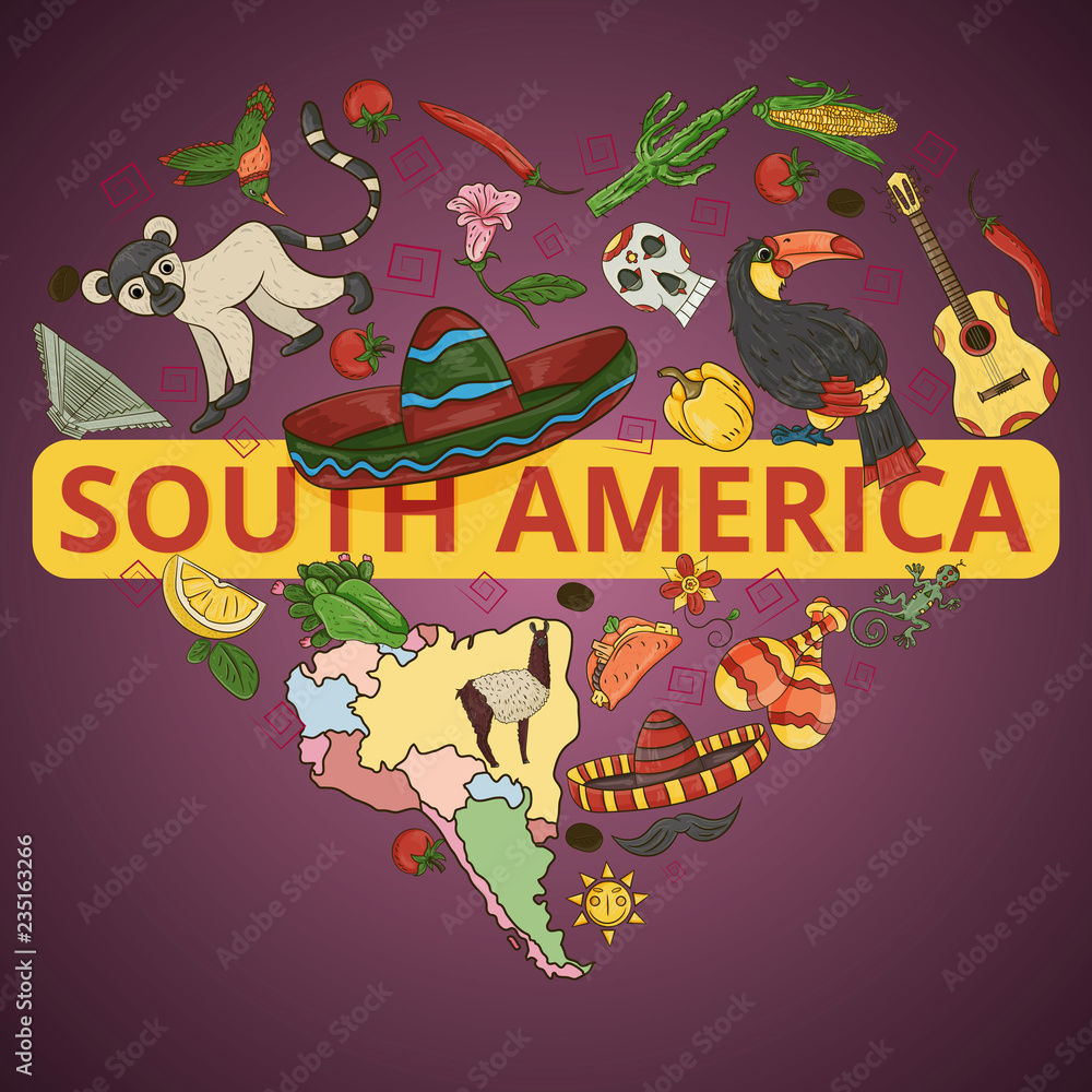 color_9_drawing on South America theme, animals, buildings, plants, holidays, continent map, food design elements, sticker