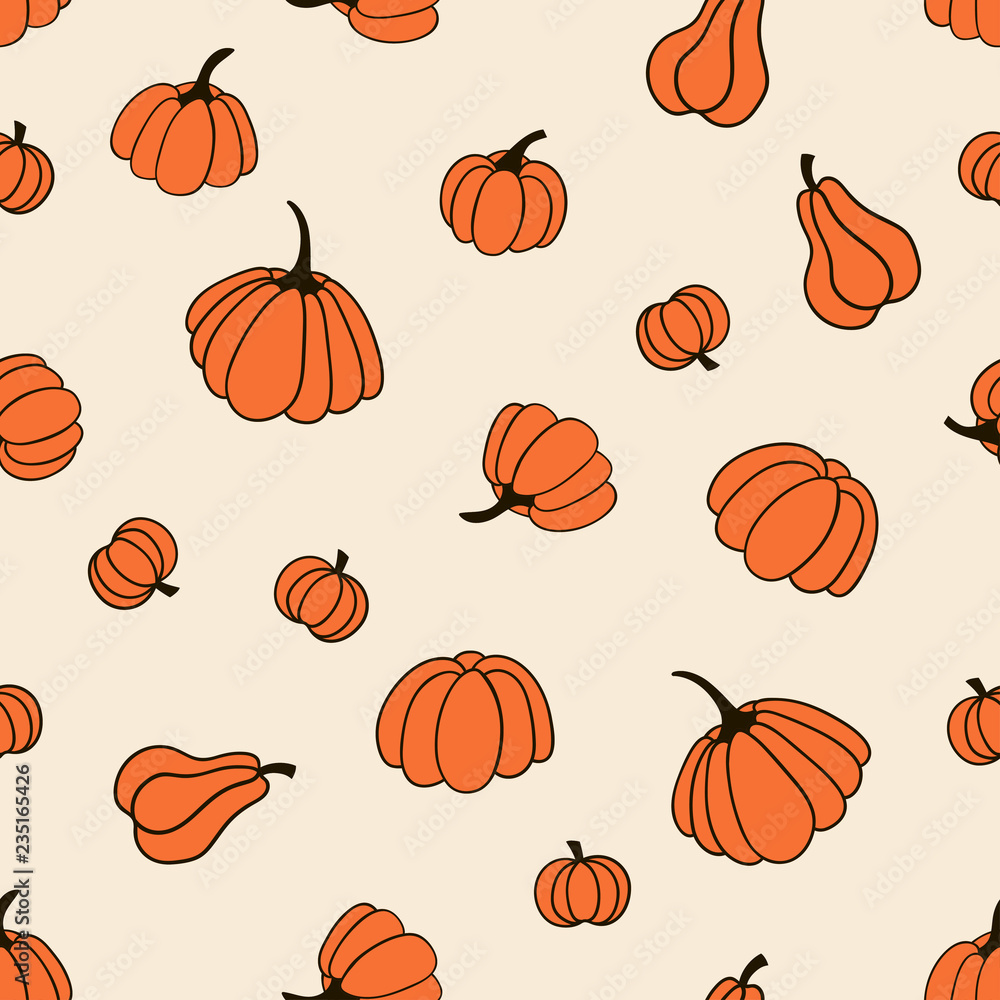 Seamless pattern with pumpkins. Vector template suitable for fabric, textile or wrapping paper.