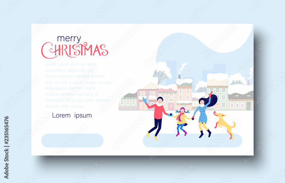 Merry Christmas festive card template with happy family and cityscape. Merry Christmas festive card template with happy family and cityscape.