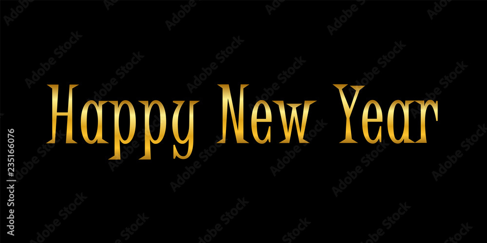 Happy New Year gold text decoration. Bright golden texture lettering with sparkle, isolated black background. Design typography for holiday, greeting card, Christmas celebration. Vector illustration