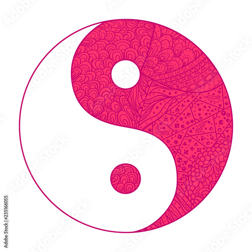 Yin and Yang on white. Religion symbol. Zentangle. Hand drawn mandala on isolation background. Design for spiritual relaxation for adults. Sign of harmony and balance. Zen art. Object for polygraphy