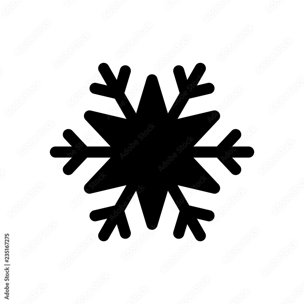 Snowflake black icon. Cartoon snow flake sign isolated on white background. Symbol of Christmas holiday, winter celebration. New Year silhouette pattern for decoration. Vector illustration Snowflake black icon. Cartoon snow flake sign isolated on white background. Symbol of Christmas holiday, winter celebration. New Year silhouette pattern for decoration. Vector illustration
