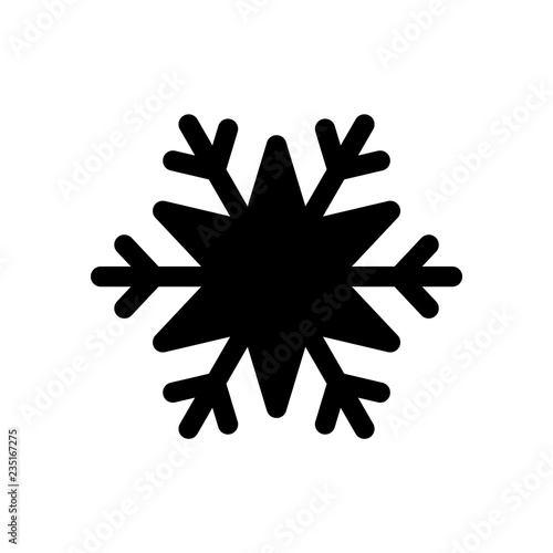 Snowflake black icon. Cartoon snow flake sign isolated on white background. Symbol of Christmas holiday, winter celebration. New Year silhouette pattern for decoration. Vector illustration