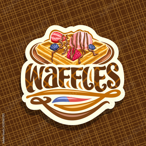 Vector logo for Belgian Waffles, white decorative tag with traditional square pancake, fresh berries and ice cream, original lettering for word waffles, signboard with illustration for belgium cafe.