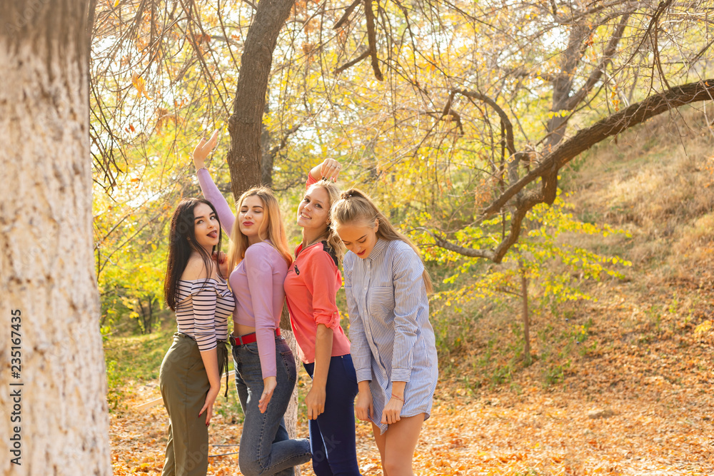Fototapeta premium Summer autumn vacation, holidays, travel and people concept - group of young women in the park