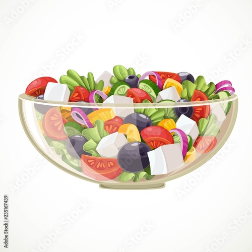 Green salad of fresh vegetables in a transparent salad bowl object isolated on a white background