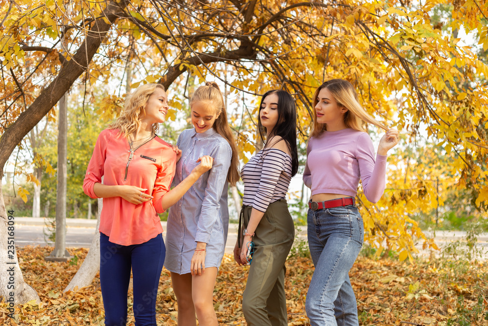 Summer autumn vacation, holidays, travel and people concept - group of young women in the park Summer autumn vacation, holidays, travel and people concept - group of young women in the park