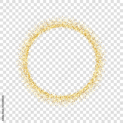 Gold circle glitter frame. Golden confetti dots round, white transparent background. Bright texture pattern for Christmas celebration party, New Year card border. Abstract design. Vector illustration