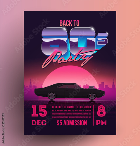 Retro vintage 80s night party promotion flyer template. Vector illustration.