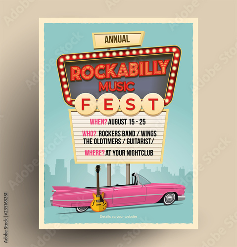 Rockabilly music festival or party or concert promo poster. Flyer template. Vintage vector illustration.