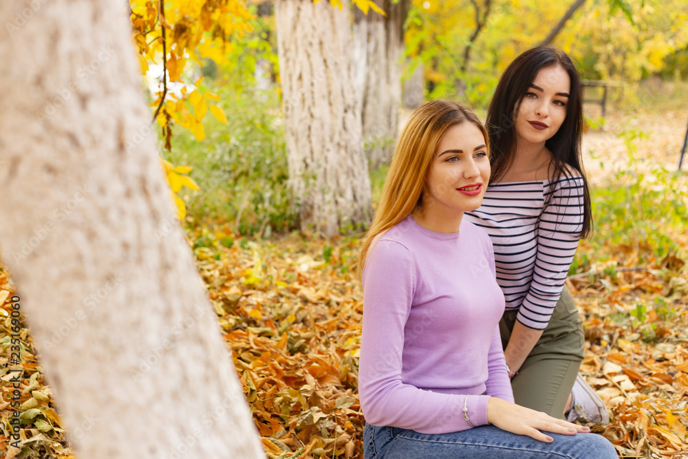 Summer autumn vacation, holidays, travel and people concept - group of young women in the park Summer autumn vacation, holidays, travel and people concept - group of young women in the park