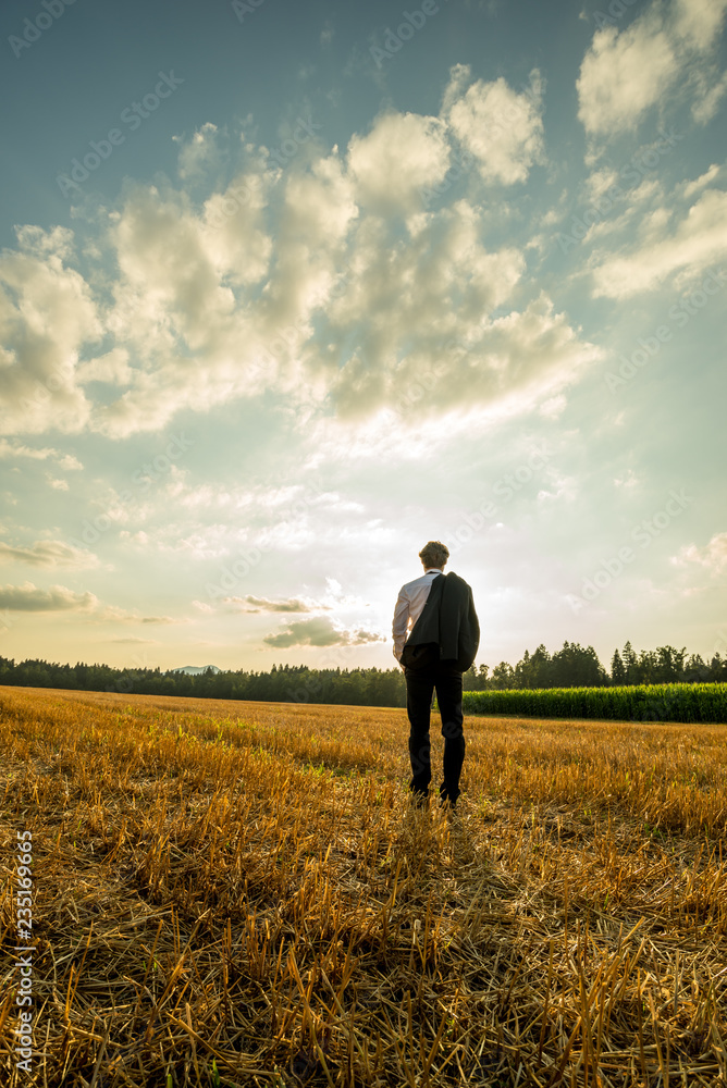 Businessman standing with his back to the camera in the sawn field Businessman standing with his back to the camera in the sawn field