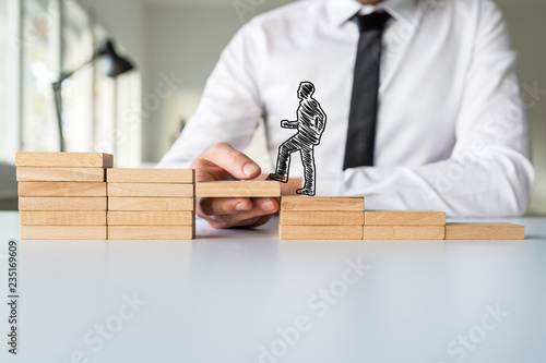 Hand drawn businessman going up the wooden steps