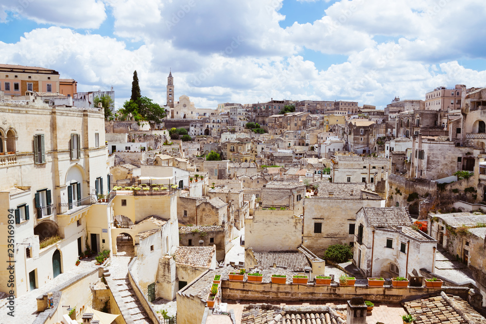 Spectacular view of ancient cave dwellings in Matera's Sasso Barisano, Italy