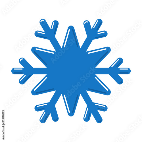 Snowflake blue icon. Cartoon snow flake sign isolated on white background. Symbol of Christmas holiday, winter celebration. New Year silhouette pattern for decoration. Vector illustration