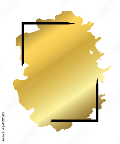 Gold brush in black rectangle frame isolated white background. Border golden grunge ink. Luxury smooth design banner, Happy New Year card, Christmas template. Splash stroke stain. Vector illustration