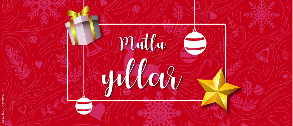 Naklejka premium Mutlu Yillar Yeni Yil Vektor Tasarim. Happy New Year Text in Turkish with Christmas Ornament and Decorations Banner