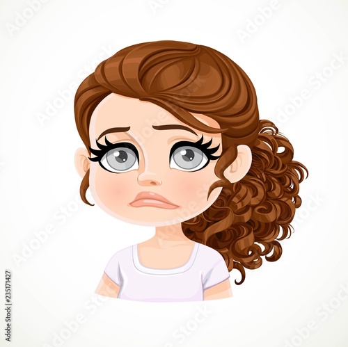 Beautiful upset sad cartoon brunette girl with dark chocolate hair portrait isolated on white background