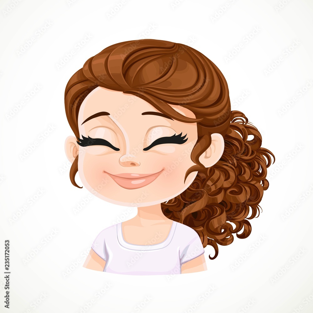 Beautiful serene joy cartoon brunette girl with dark chocolate hair portrait isolated on white background Beautiful serene joy cartoon brunette girl with dark chocolate hair portrait isolated on white background