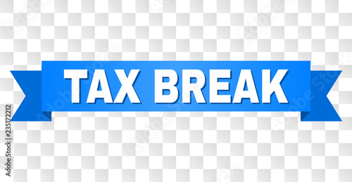 TAX BREAK text on a ribbon. Designed with white caption and blue tape. Vector banner with TAX BREAK tag on a transparent background.