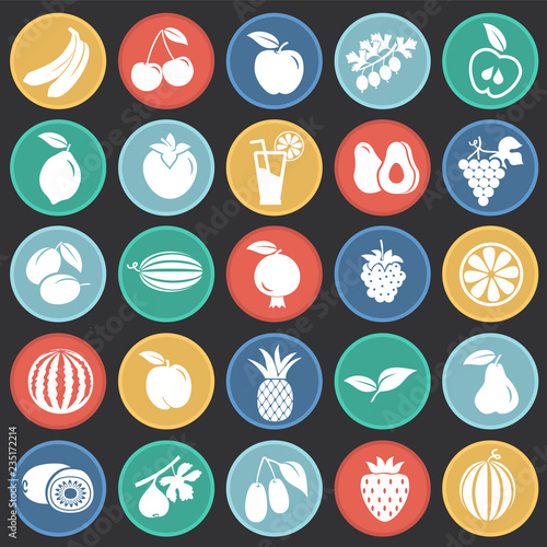 Fruits set on color circles black background icons