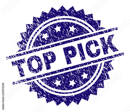 TOP PICK stamp seal watermark with distress style. Blue vector rubber print of TOP PICK caption with dust texture.