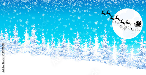 Winter landscape, Santa on a sleigh with reindeer