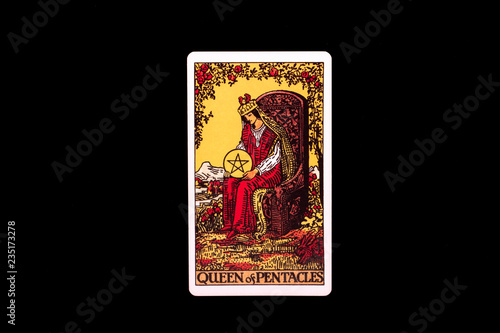 An individual minor arcana tarot card isolated on black background. Queen of pentacles.
