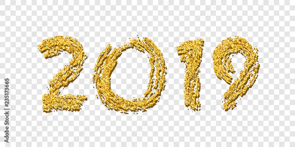 Happy New Year gold number 2019. Bright golden design with sparkle, isolated white transparent background. Holiday glitter typography Christmas banner, decoration, greeting card. Vector illustration Happy New Year gold number 2019. Bright golden design with sparkle, isolated white transparent background. Holiday glitter typography Christmas banner, decoration, greeting card. Vector illustration
