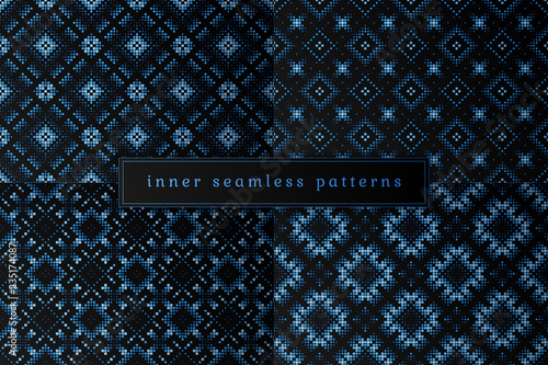 Vector set of sacred geometry seamless pattern; Mixed styles - ancient traditional northern embroidery with contemporary digital design; Psychedelic paganism.