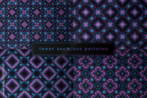 Vector set of sacred geometry seamless pattern; Mixed styles - ancient traditional northern embroidery with contemporary digital design; Psychedelic paganism.