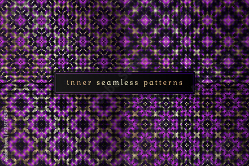 Vector set of sacred geometry seamless pattern; Mixed styles - ancient traditional northern embroidery with contemporary digital design; Psychedelic paganism.