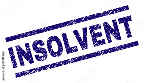 INSOLVENT seal print with distress style. Blue vector rubber print of INSOLVENT label with grunge texture. Text title is placed between parallel lines.