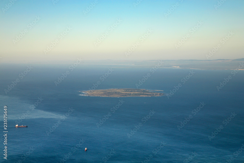 Aerial view of Robben Island with clear blue sky