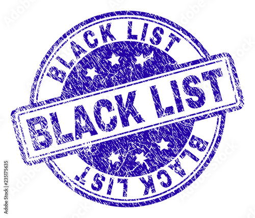 BLACK LIST stamp seal watermark with distress texture. Designed with rounded rectangles and circles. Blue vector rubber print of BLACK LIST caption with dust texture.