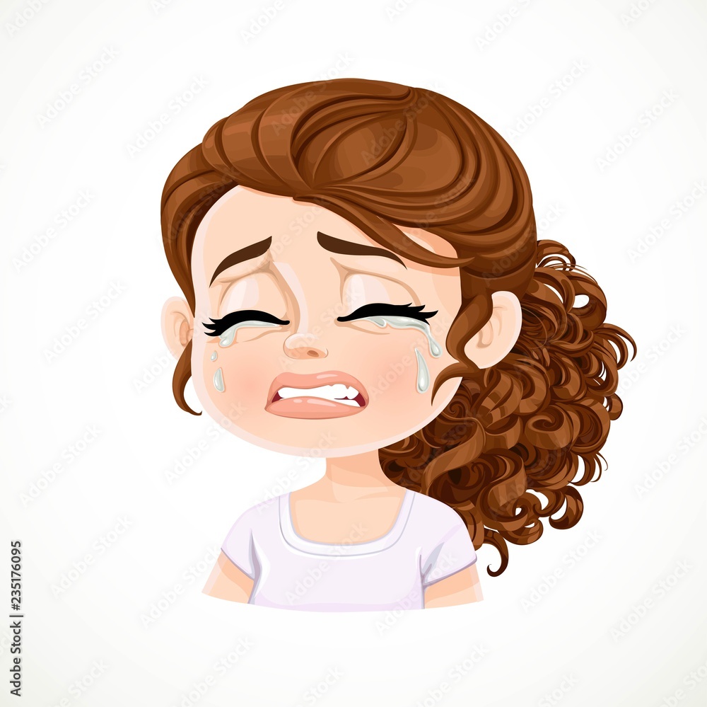 Beautiful inconsolably crying cartoon brunette girl with dark chocolate hair portrait isolated on white background Beautiful inconsolably crying cartoon brunette girl with dark chocolate hair portrait isolated on white background