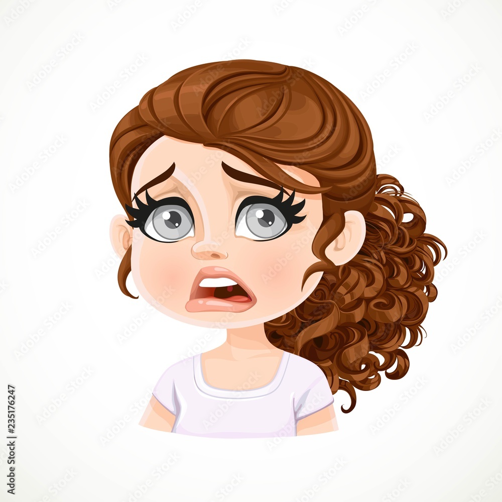Beautiful disappointed smiling cartoon brunette girl with dark chocolate hair portrait isolated on white background Beautiful disappointed smiling cartoon brunette girl with dark chocolate hair portrait isolated on white background