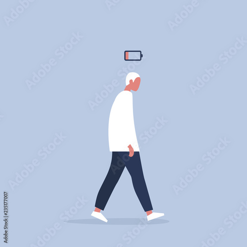 low battery conceptual illustration. young male exhausted character. Modern urban life / flat editable vector illustration
