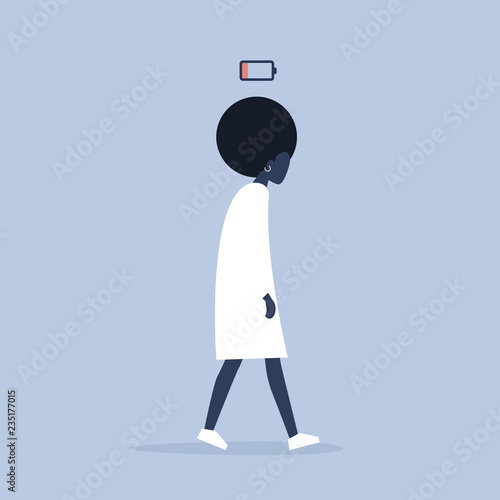 low battery conceptual illustration. young black female exhausted character. Modern urban life / flat editable vector illustration