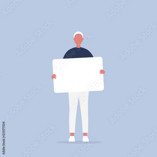 Young male character holding a sheet of white paper. Copy space. Your text here, template. Flat editable vector illustration, clip art