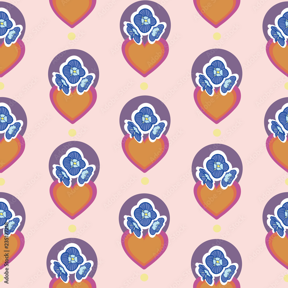 Pink geometric repeat pattern with orange heart and blue flowers. Retro colours. Surface pattern design. Pink geometric repeat pattern with orange heart and blue flowers. Retro colours. Surface pattern design.