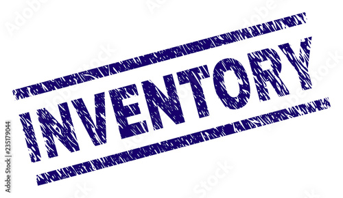INVENTORY seal print with distress style. Blue vector rubber print of INVENTORY label with grunge texture. Text label is placed between parallel lines.